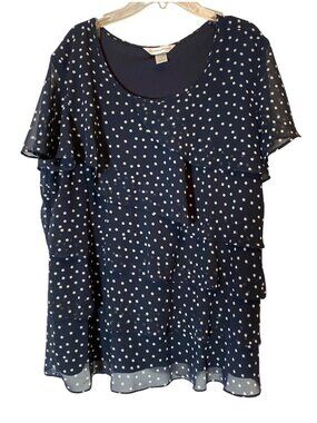 Christopher & Banks Navy Polka Dot Tiered Ruffled Short Sleeve Blouse Top Large
